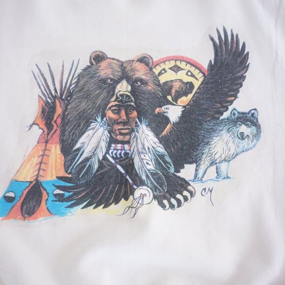 Vintage Hanes White Indigenous Animal Print Cotton Blend Crewneck Sweater XL - Picture 5 of 10